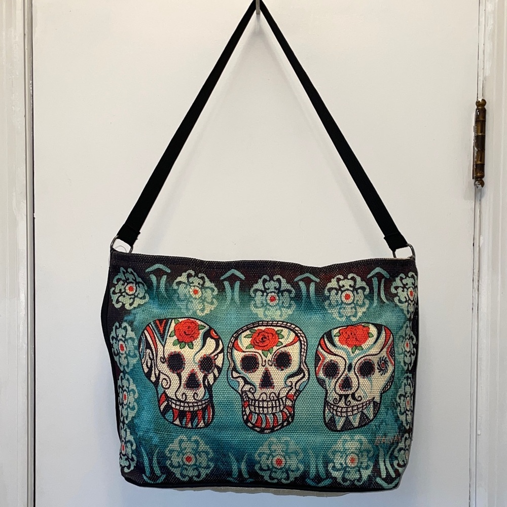 Dia de los Muertos Print Canvas Shoulder Bag - Picture 1 of 5